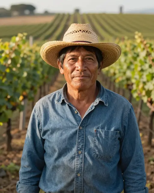 Indigenous vineyard worker in a straw hat stands between grapevine rows at golden hour