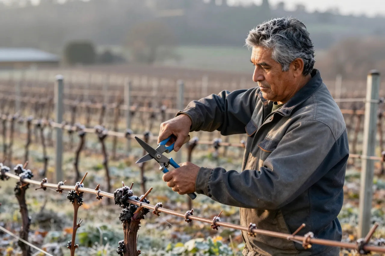 Senior Latino vineyard worker prunes frosty bare grape vines with shears on a cold winter morning