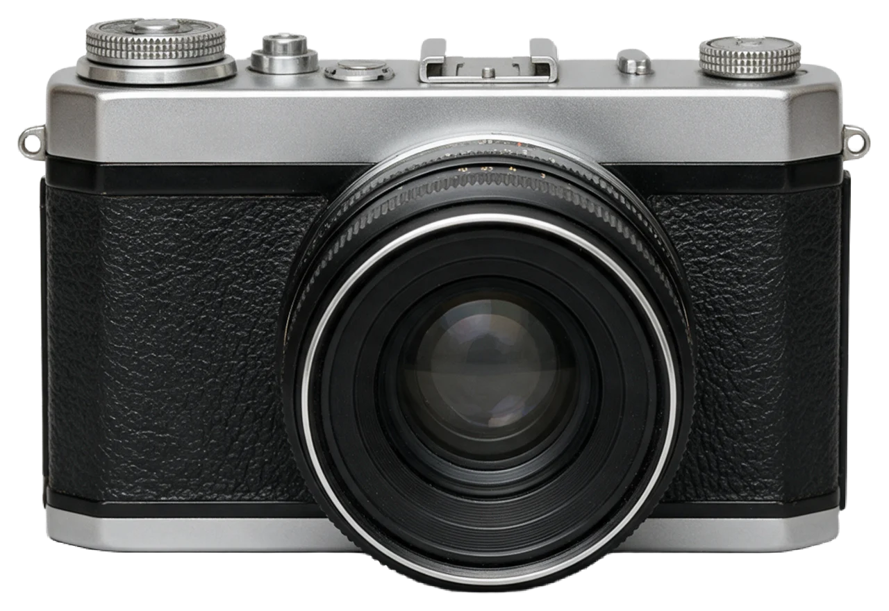 Front view of a vintage 35mm film camera with silver top plate and black leatherette body
