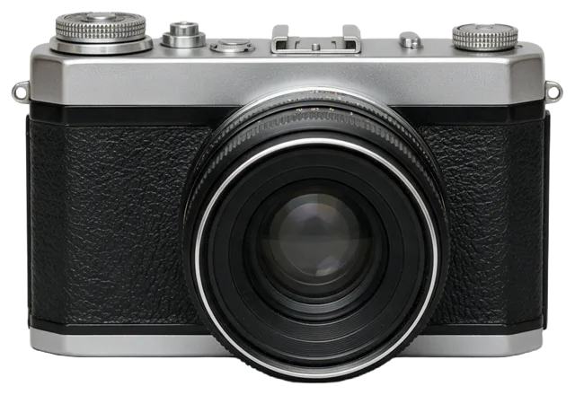 Front view of a vintage 35mm film camera with silver top plate and black leatherette body