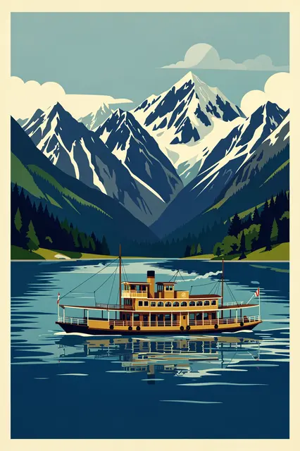 Vintage travel illustration of a paddle steamer on an alpine lake below snow-capped peaks