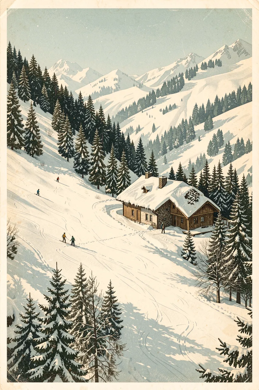 Vintage illustrated snowy ski slope with a mountain chalet, pine trees, and tiny distant skiers under a pale winter sky