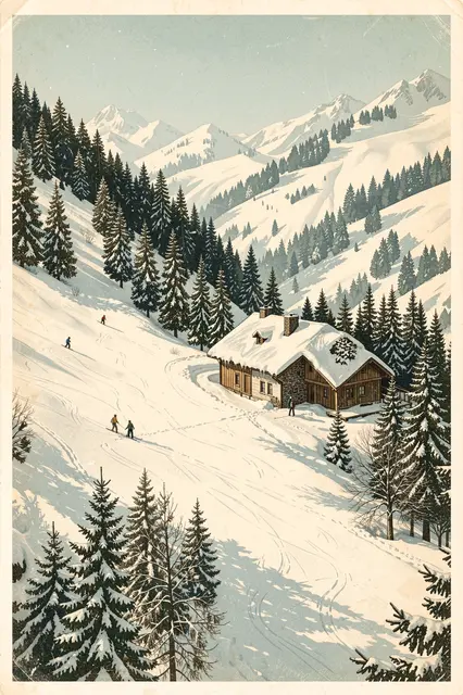 Vintage illustrated snowy ski slope with a mountain chalet, pine trees, and tiny distant skiers under a pale winter sky