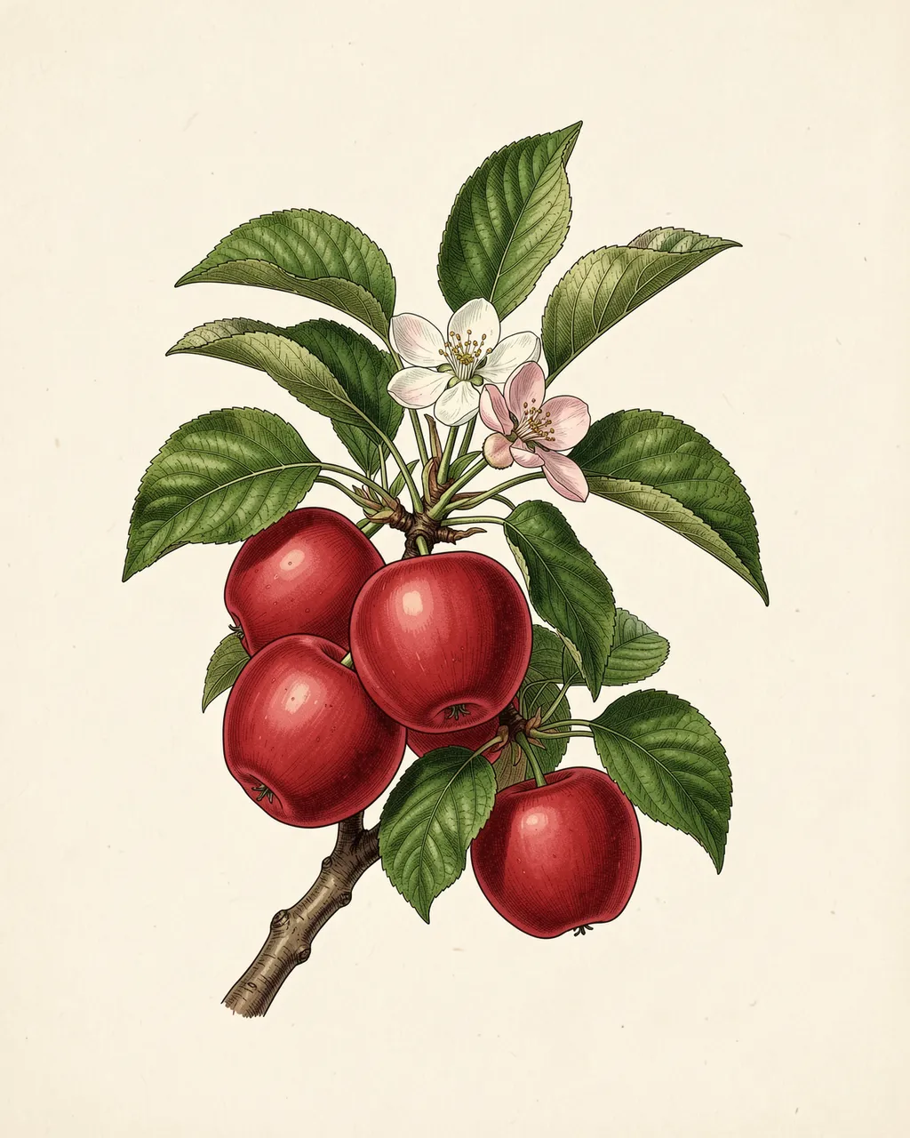 Vintage botanical illustration of an apple branch with red fruit, blossoms, and green leaves on cream paper