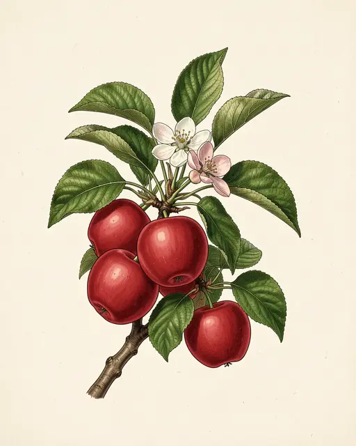Vintage botanical illustration of an apple branch with red fruit, blossoms, and green leaves on cream paper
