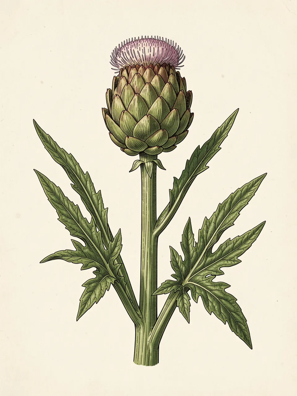Detailed vintage style illustration of a flowering artichoke plant on cream aged paper