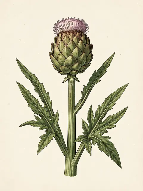 Detailed vintage style illustration of a flowering artichoke plant on cream aged paper