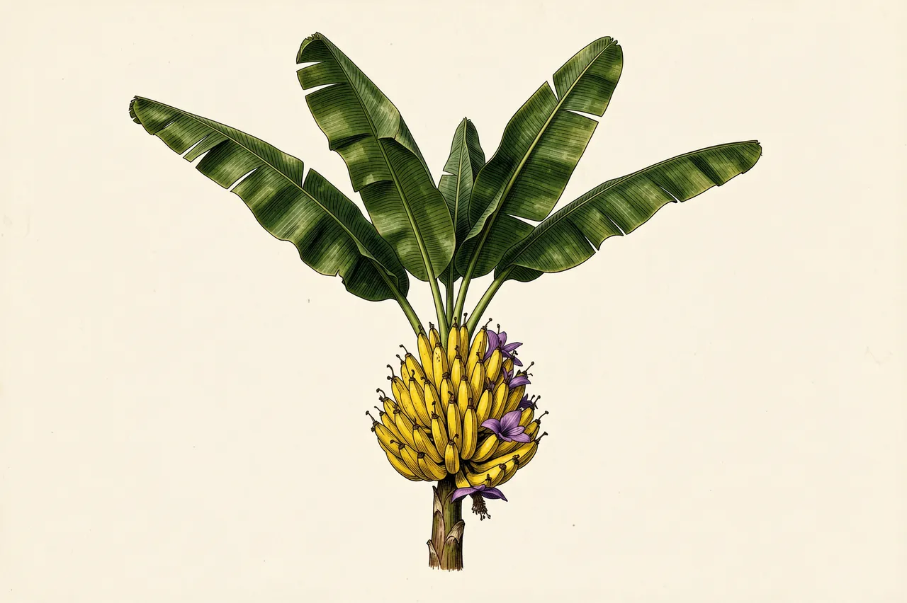 Vintage botanical illustration of a banana plant with a ripe bunch and purple flowers on cream paper
