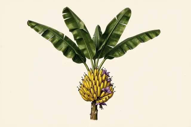 Vintage botanical illustration of a banana plant with a ripe bunch and purple flowers on cream paper