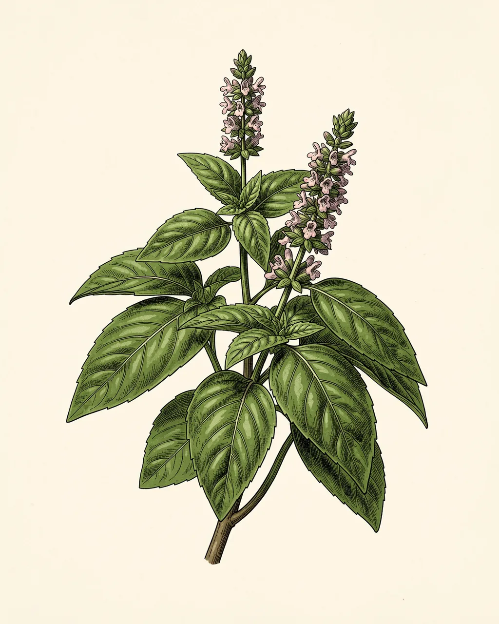 Detailed vintage botanical illustration of a flowering basil sprig on cream paper