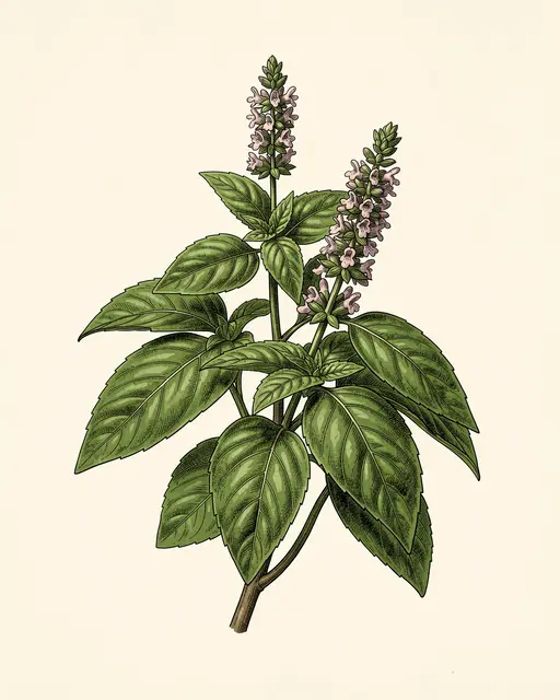 Detailed vintage botanical illustration of a flowering basil sprig on cream paper