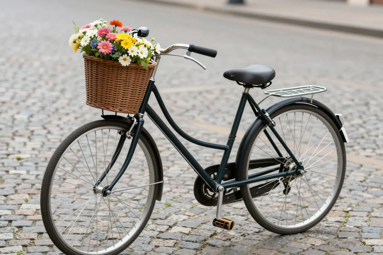 A dark vintage bicycle with a wicker basket of mixed wildflowers rests on cobblestone pavement.
