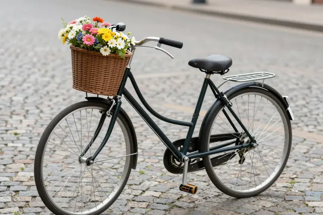 A dark vintage bicycle with a wicker basket of mixed wildflowers rests on cobblestone pavement.