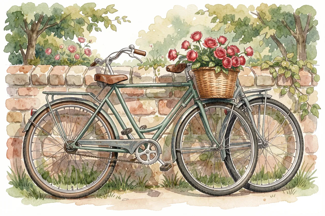 Two vintage bicycles lean against a garden stone wall, one with a wicker basket overflowing with red roses.