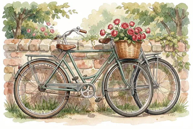 Two vintage bicycles lean against a garden stone wall, one with a wicker basket overflowing with red roses.