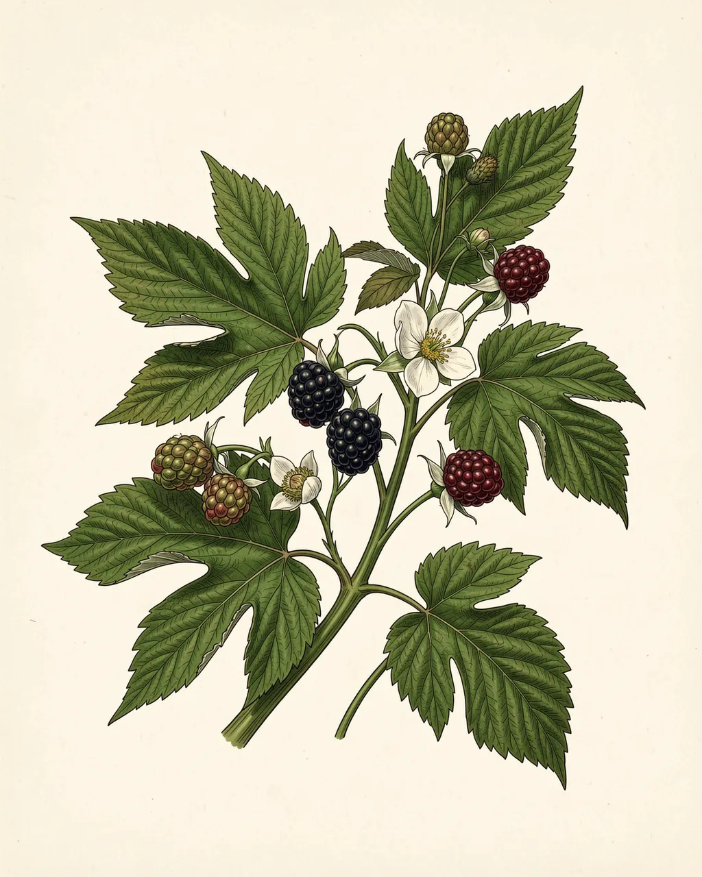 Detailed botanical illustration of a blackberry bramble with flowers, ripening berries, and green leaves on cream paper