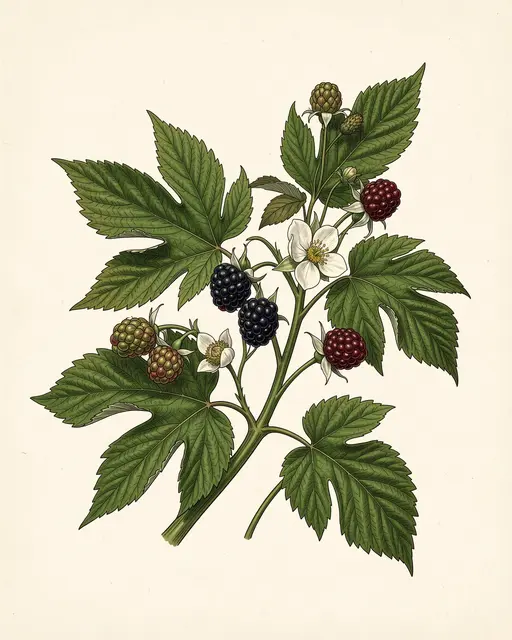Detailed botanical illustration of a blackberry bramble with flowers, ripening berries, and green leaves on cream paper