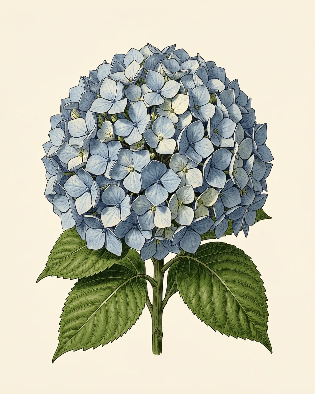 A detailed vintage botanical illustration of a full blue hydrangea flower head on cream paper