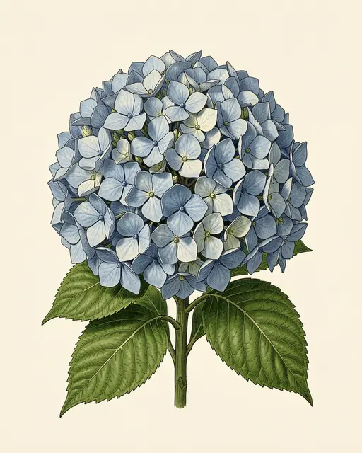 A detailed vintage botanical illustration of a full blue hydrangea flower head on cream paper