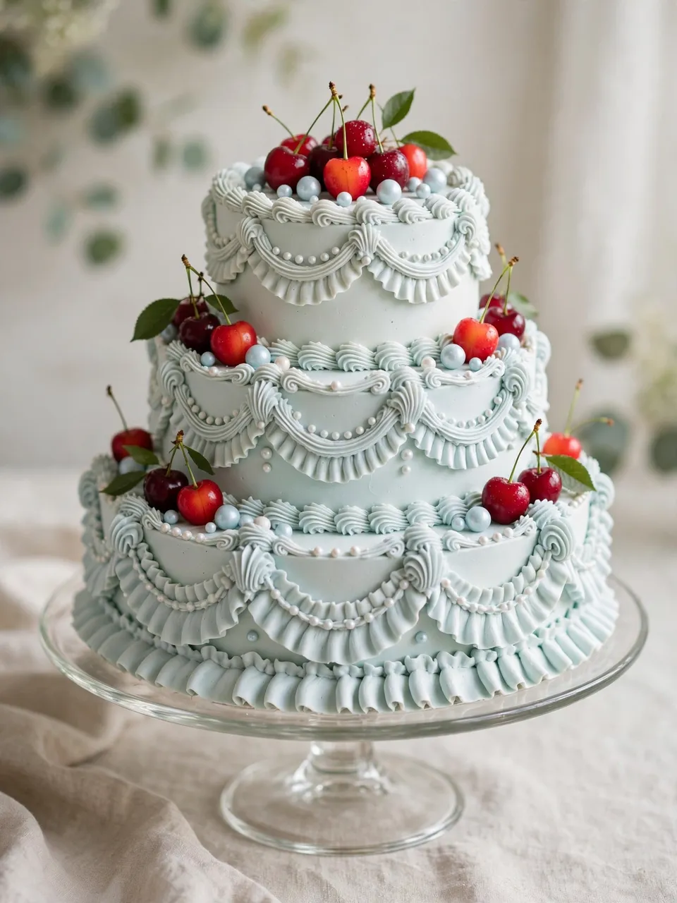 Three tier pale blue piped buttercream cake with fresh cherries on a clear glass stand
