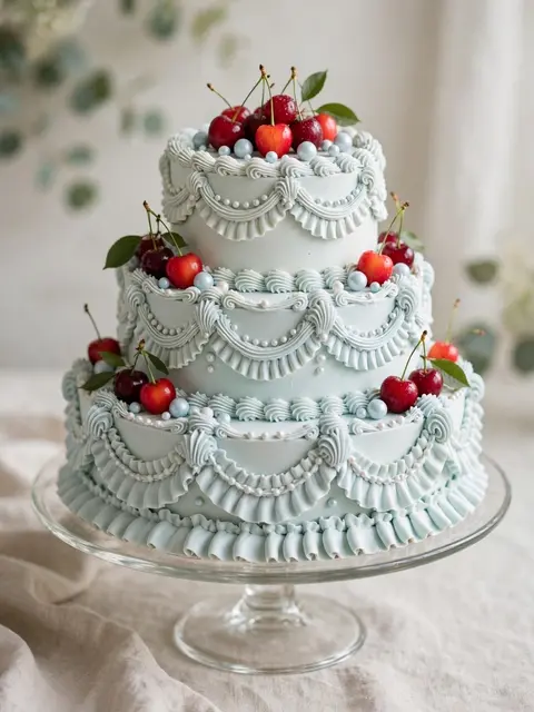 Three tier pale blue piped buttercream cake with fresh cherries on a clear glass stand