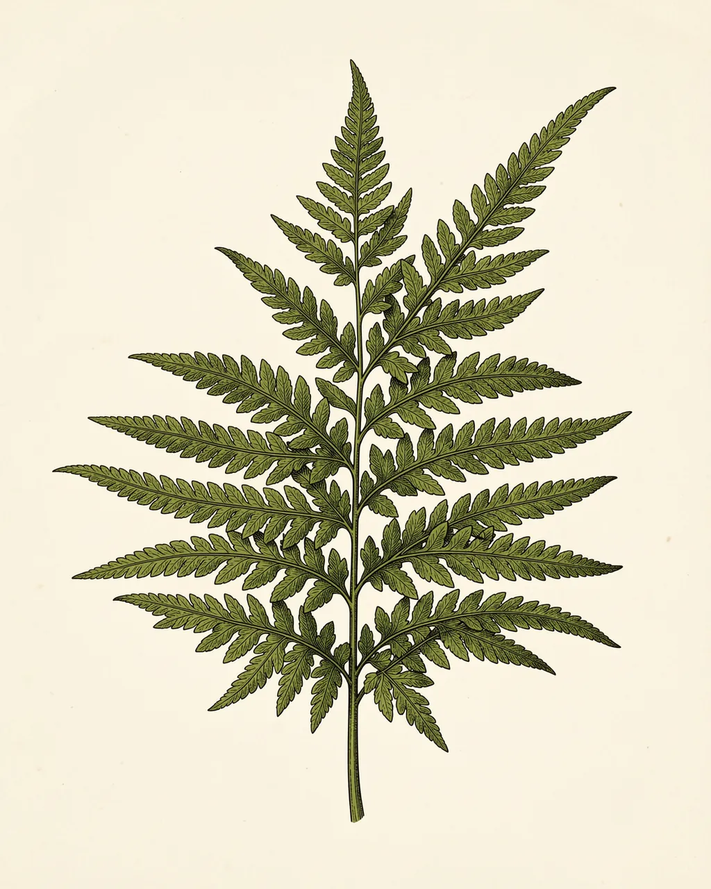 Detailed vintage style illustration of a fern frond set against a plain cream paper background