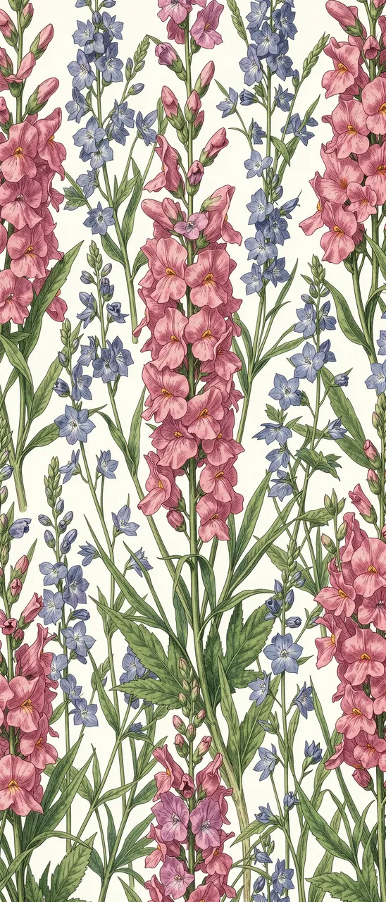 Seamless vertical pattern of tall pink snapdragons and blue larkspur in a vintage botanical illustration style on an