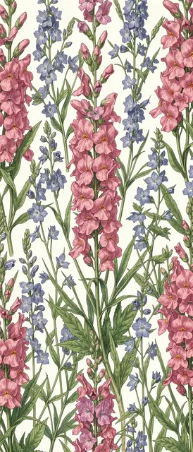 Seamless vertical pattern of tall pink snapdragons and blue larkspur in a vintage botanical illustration style on an
