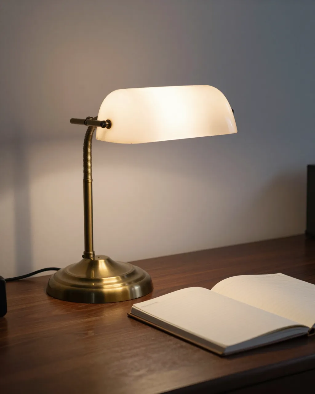 Glowing vintage brass bank lamp sits next to an open lined notebook on a dark wood desk at night