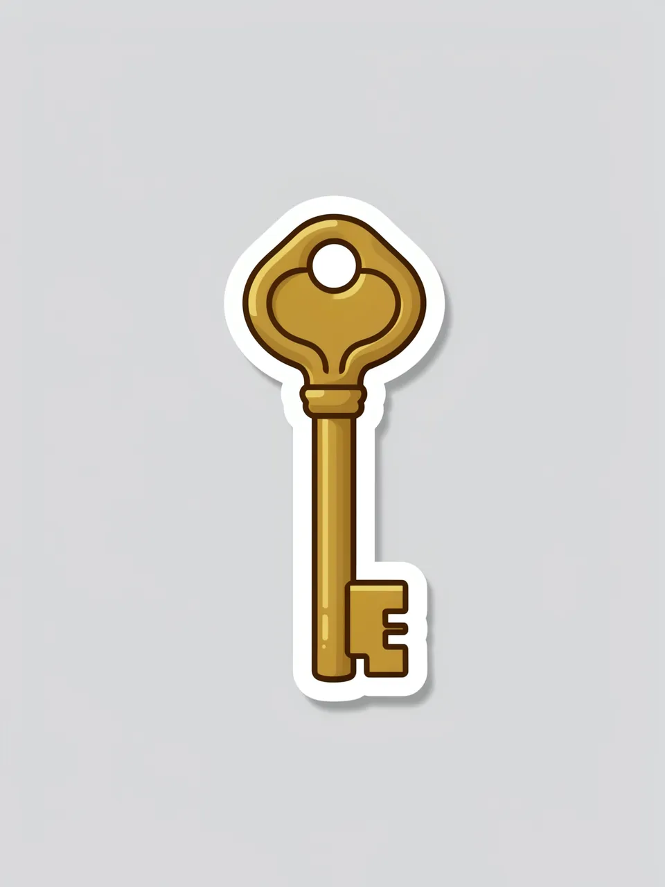 A die-cut sticker of a vintage brass key with a white border sits on a plain light gray background