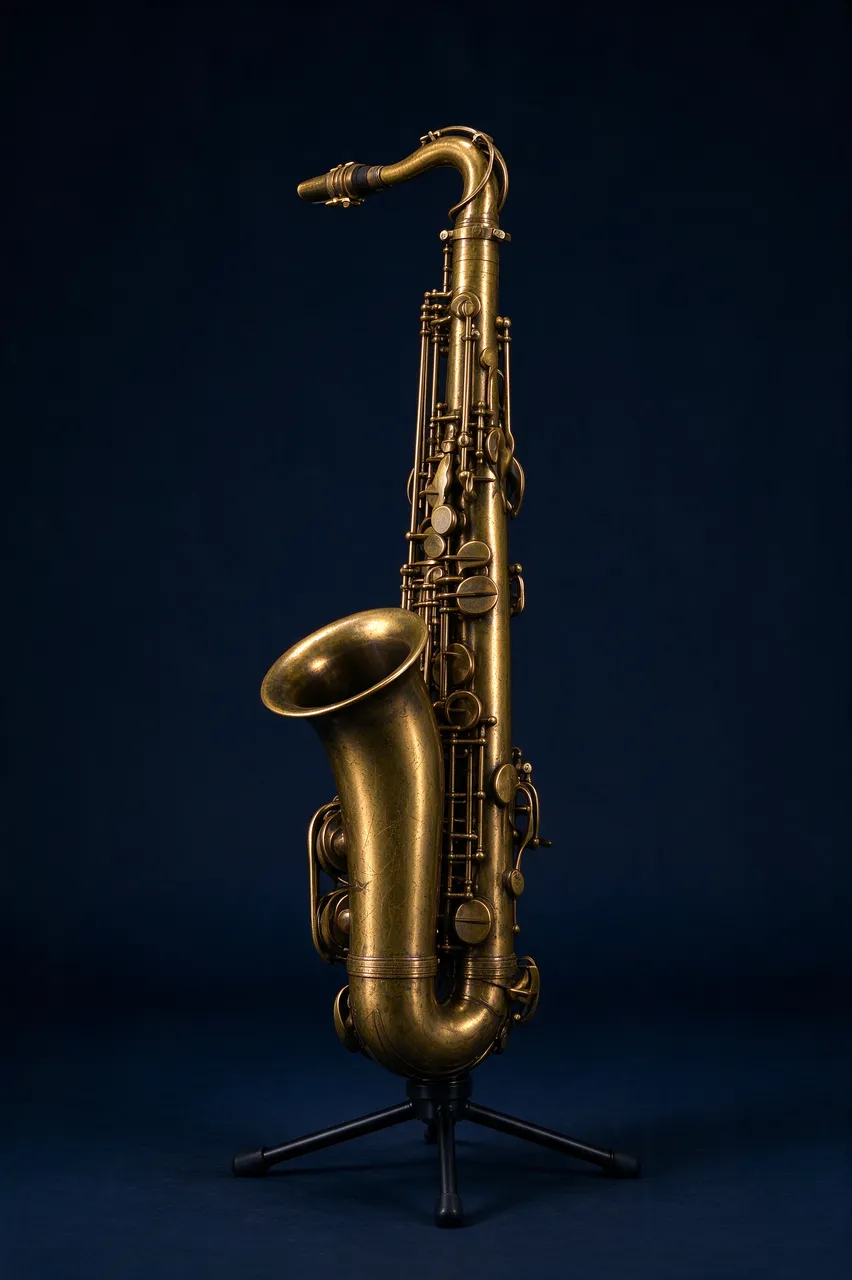 A worn aged brass saxophone sits upright on a black tripod stand against a solid dark blue studio background