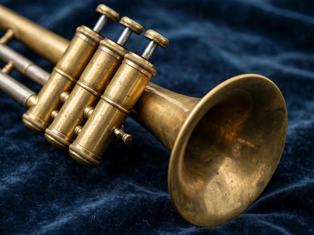 Close-up of the valves and flared bell of a worn brass trumpet resting on dark blue velvet