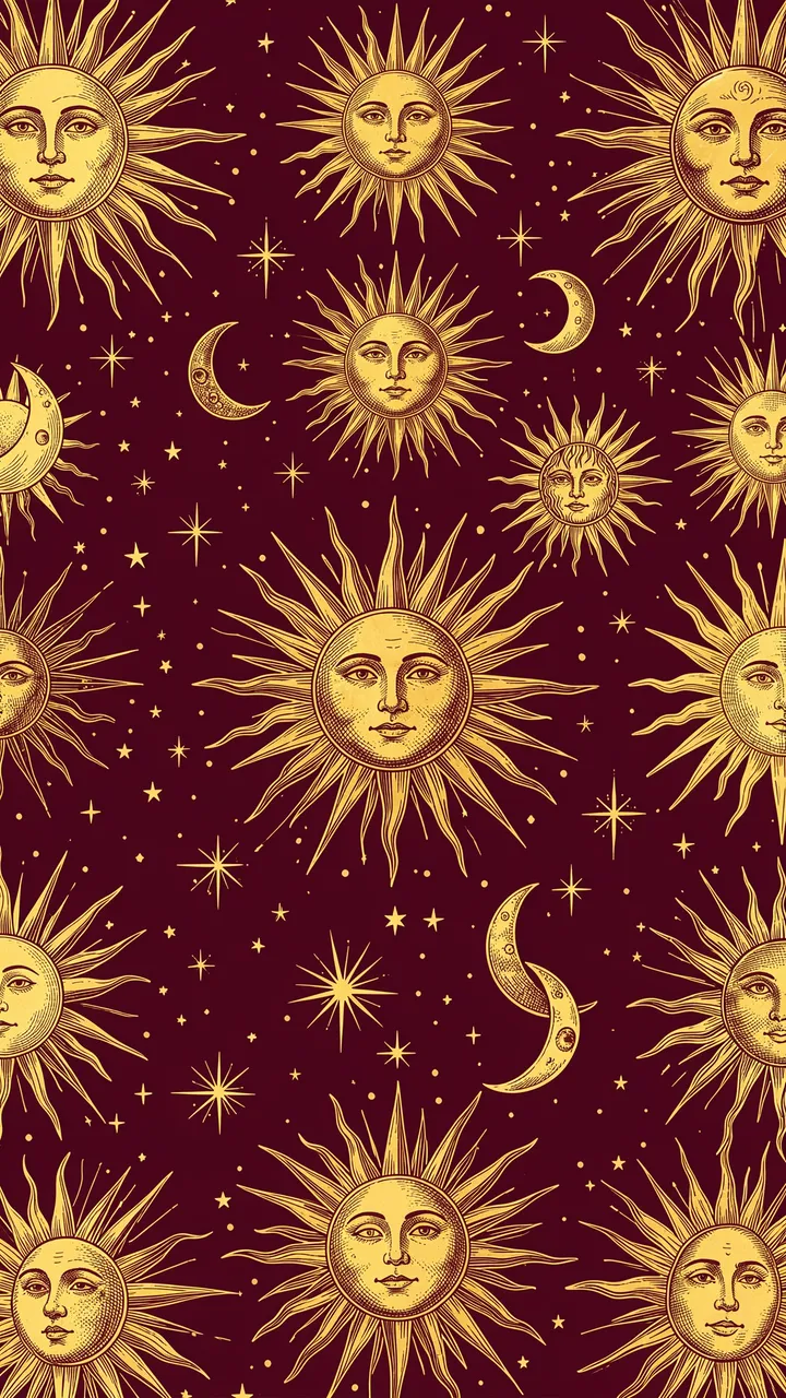 Ornate gold vintage line art of suns, moons and stars arranged on a deep burgundy background