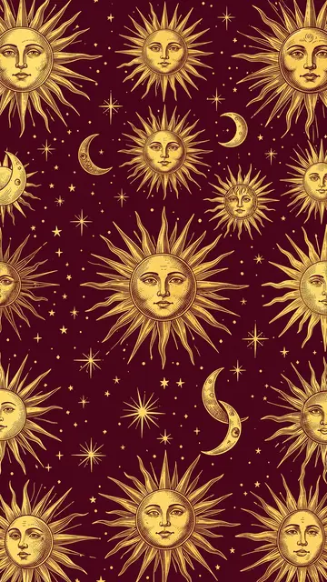 Ornate gold vintage line art of suns, moons and stars arranged on a deep burgundy background
