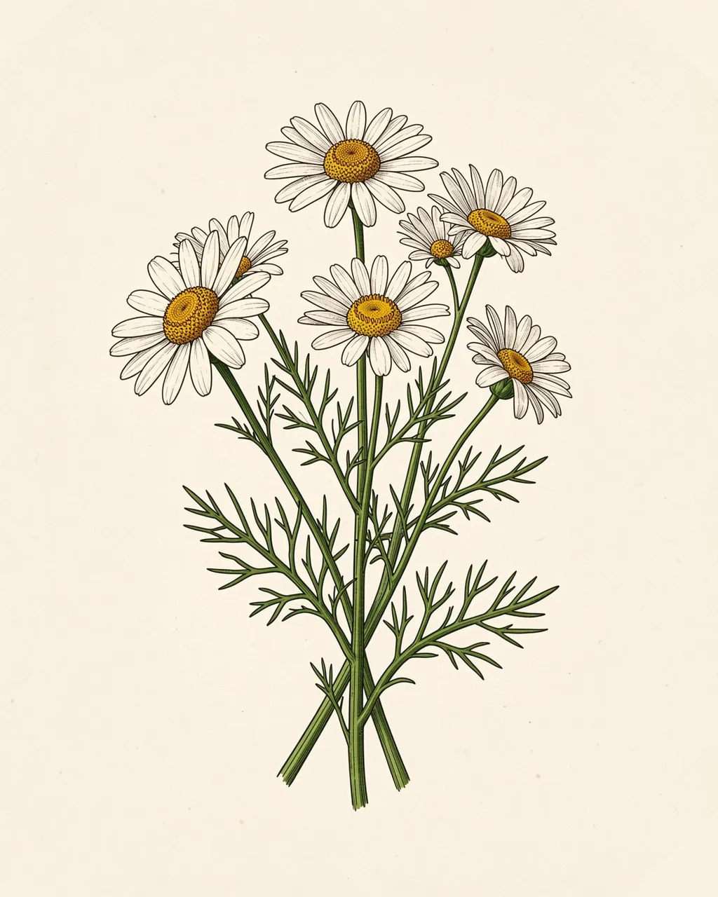 Vintage style illustration of a chamomile bunch with feathery leaves set against a plain cream paper background