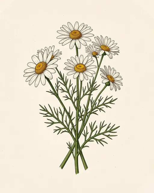Vintage style illustration of a chamomile bunch with feathery leaves set against a plain cream paper background