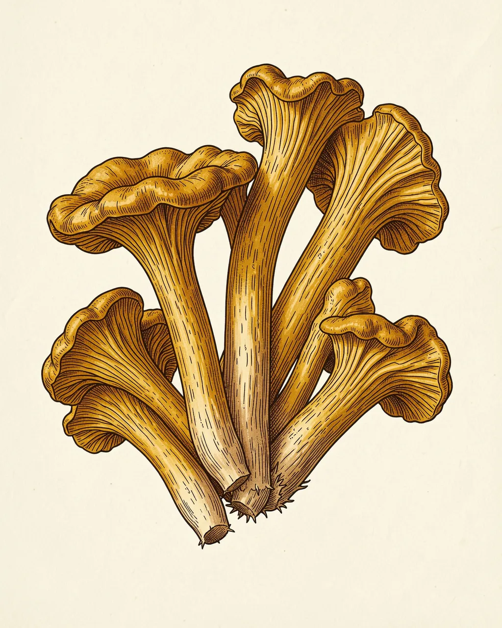 Detailed vintage botanical illustration of golden chanterelle mushrooms on cream paper