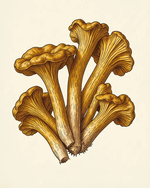 Detailed vintage botanical illustration of golden chanterelle mushrooms on cream paper