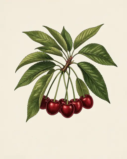 Detailed vintage style illustration of a cherry branch with ripe red cherries and green leaves on cream paper