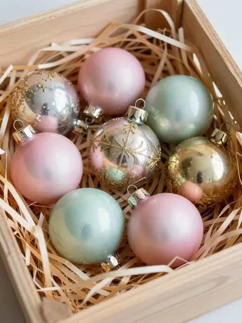 Pastel vintage glass Christmas ornaments sit nestled in shredded paper inside a light wooden crate