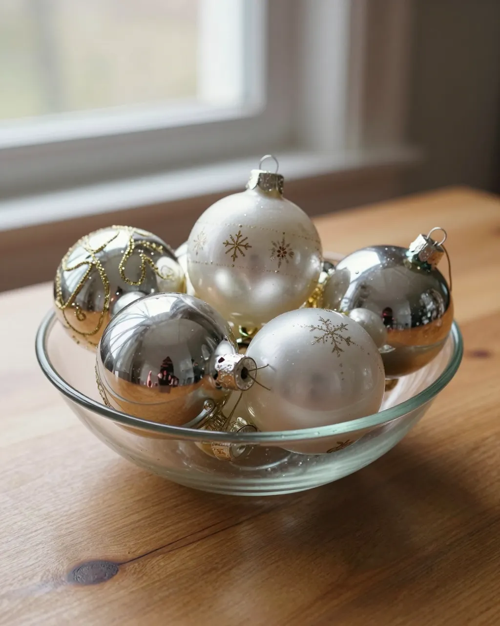 Vintage mercury glass Christmas ornaments sit in a clear glass bowl on a wooden table by soft window light