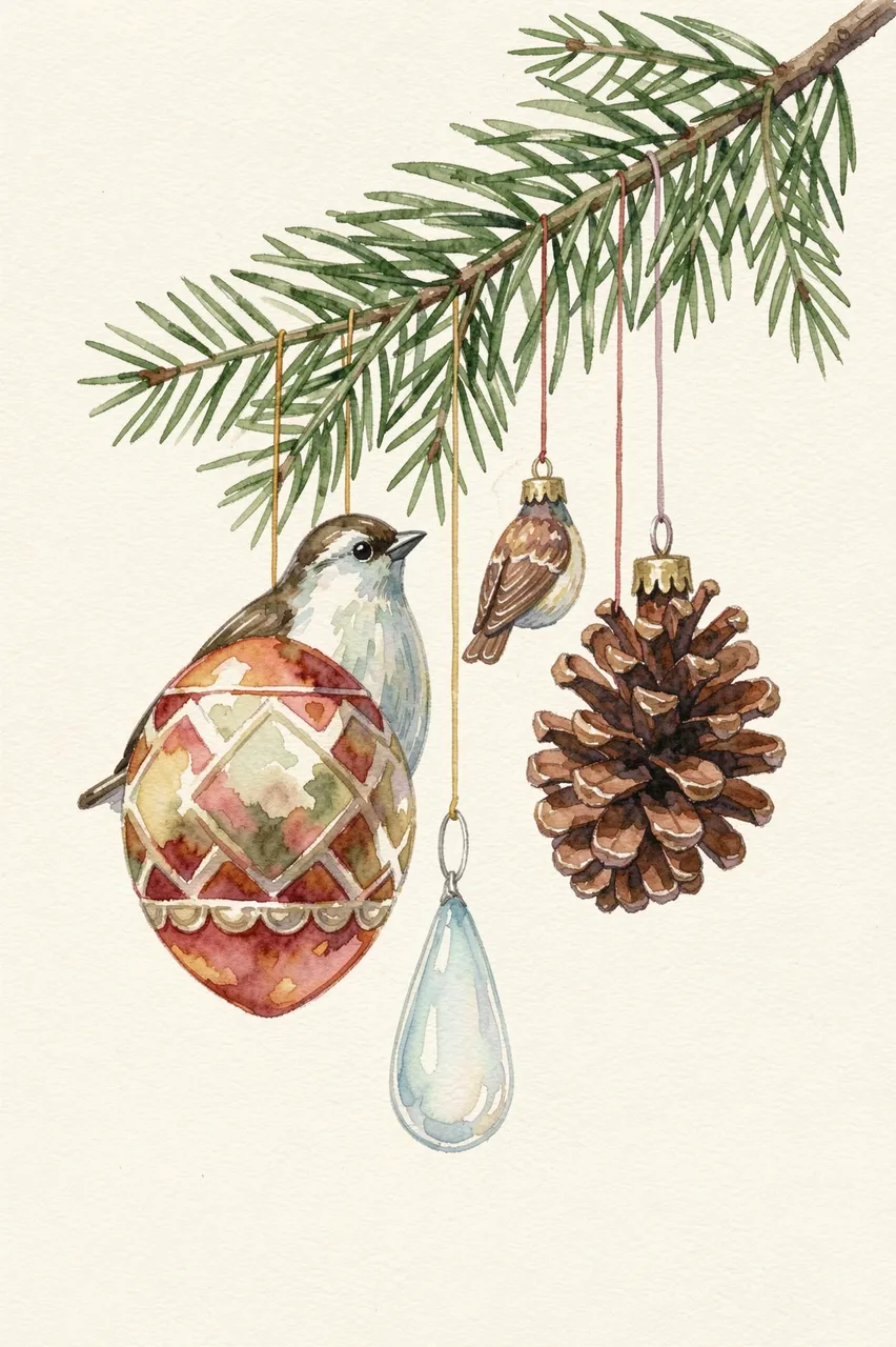 Watercolor painting of festive ornaments and bird decorations hanging from a fir sprig on cream paper