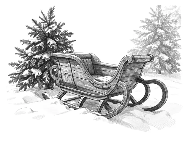 Graphite pencil sketch of an old wooden sleigh resting in snow beside snow-dusted fir trees
