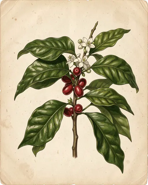 Vintage botanical illustration of a coffee sprig with glossy leaves, white flowers and red cherries on aged paper
