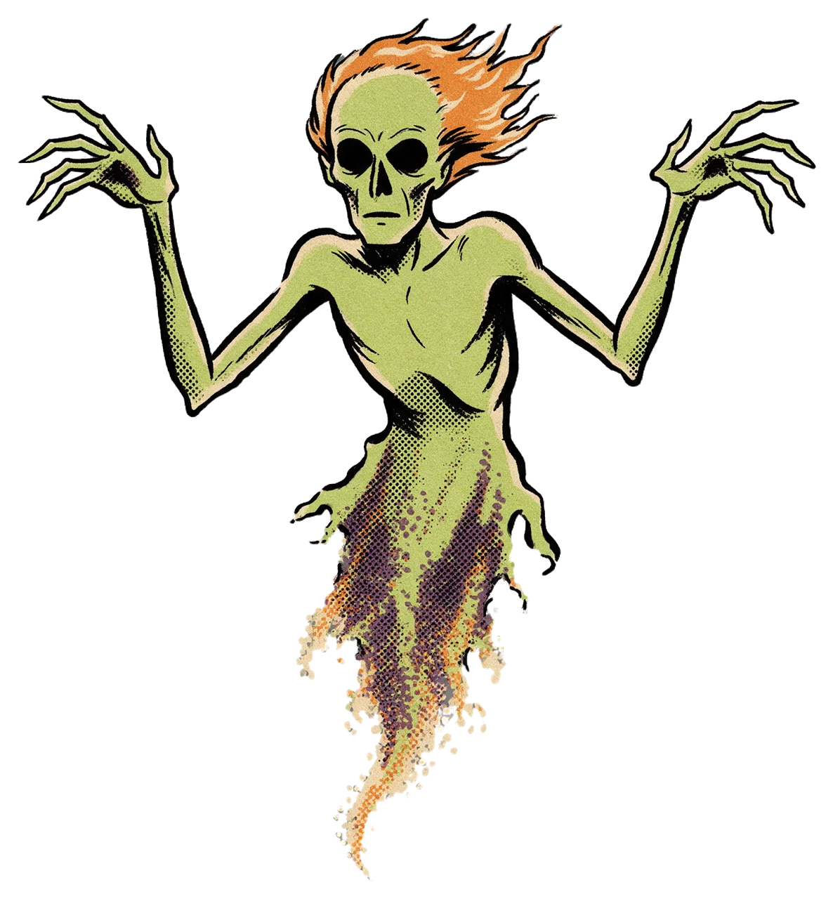 A floating pale green phantom with hollow eyes and ragged wispy lower body, drawn in retro horror comic style