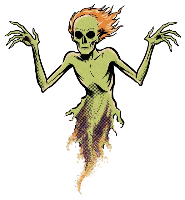 A floating pale green phantom with hollow eyes and ragged wispy lower body, drawn in retro horror comic style