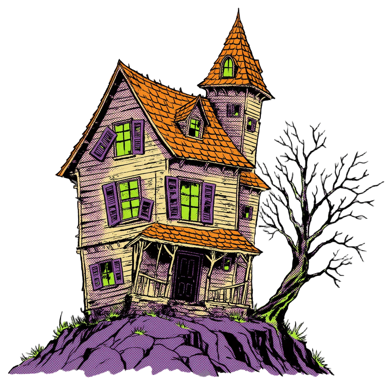 Retro 1950s horror comic illustration of a crooked haunted house next to a bare twisted tree on rocky ground