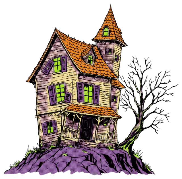 Retro 1950s horror comic illustration of a crooked haunted house next to a bare twisted tree on rocky ground