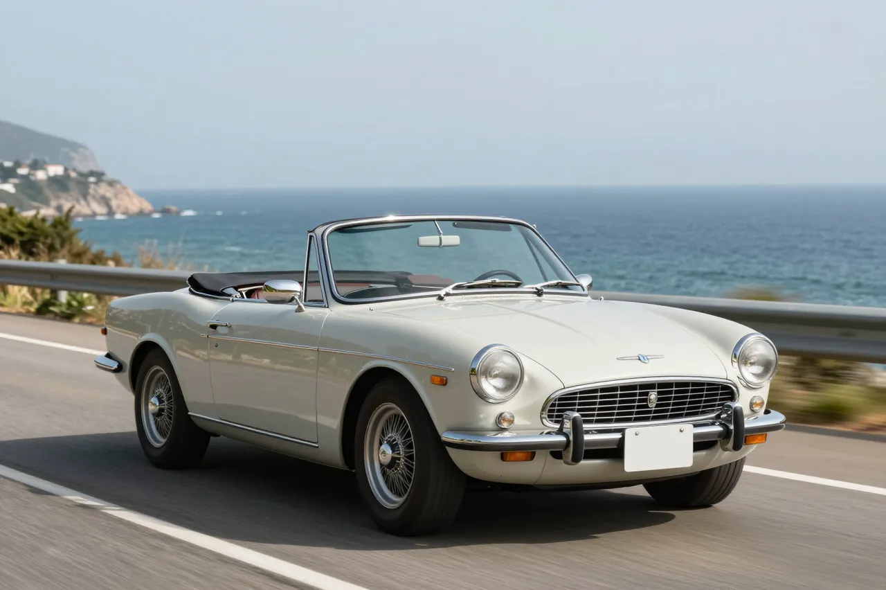 Unbranded cream vintage convertible travels along a paved coastal road beside the blue ocean under hazy skies.