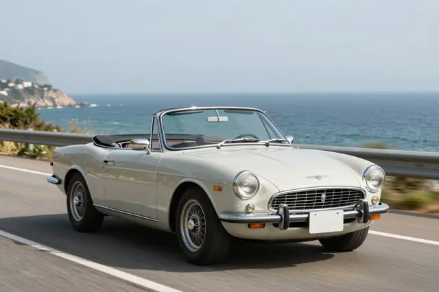 Unbranded cream vintage convertible travels along a paved coastal road beside the blue ocean under hazy skies.